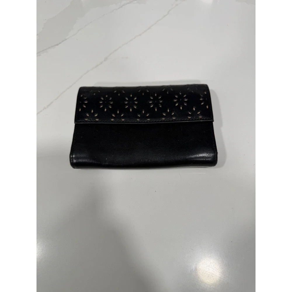 Lauren Ralph Lauren Black Leather Trifold Wallet Floral Eyelet Laser Cut Logo